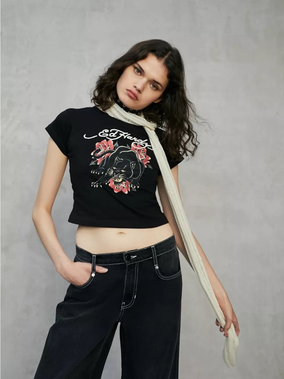 Ed Hardy Black Floral Panther Crop Tee